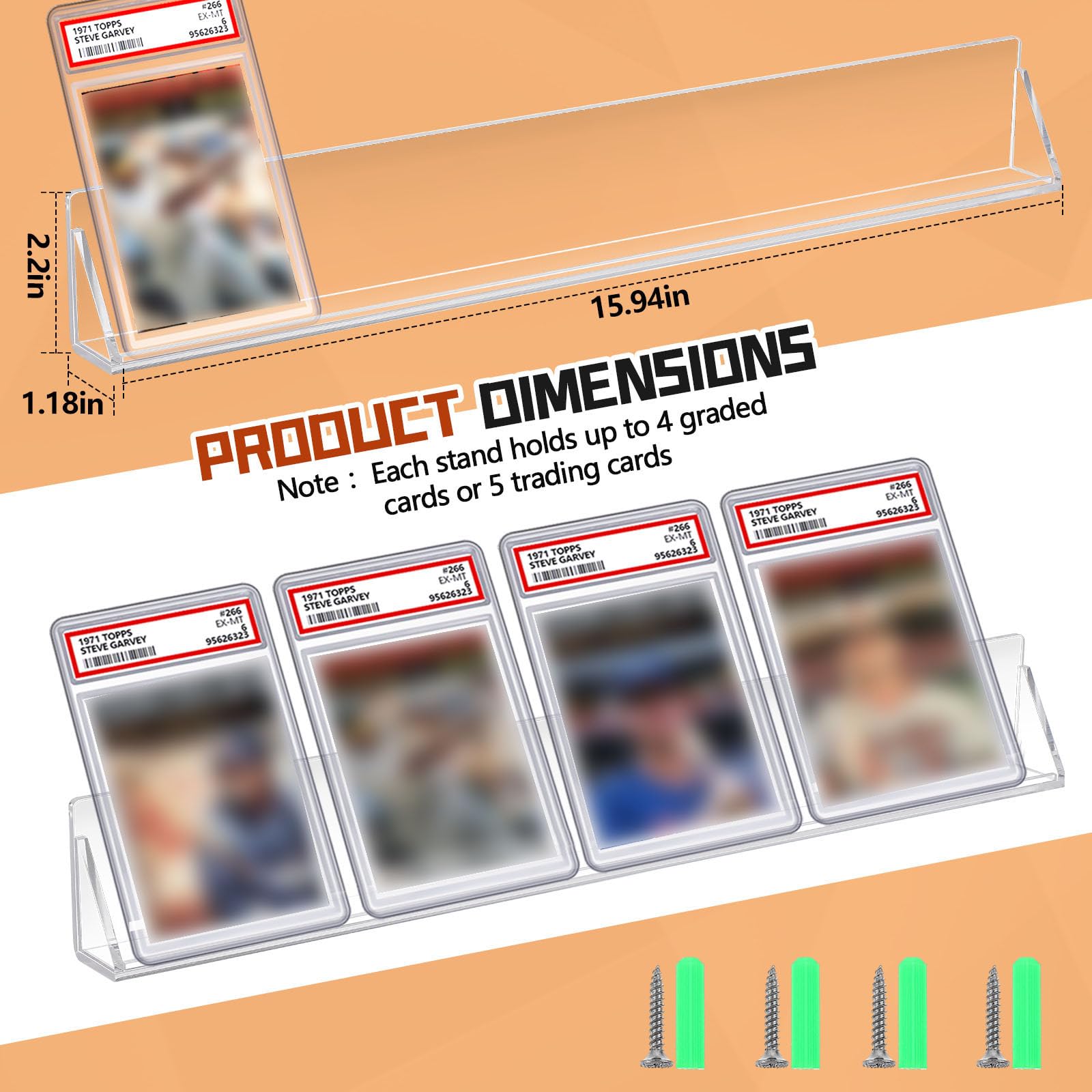 Threehoney 2 Pcs Sports Baseball Card Display Shelf Wall Mount, Each Holds 4 Graded Cards or 5 Trading Cards, Acrylic Display Case Sleeved Compatible with Psa SGC Graded Tradin