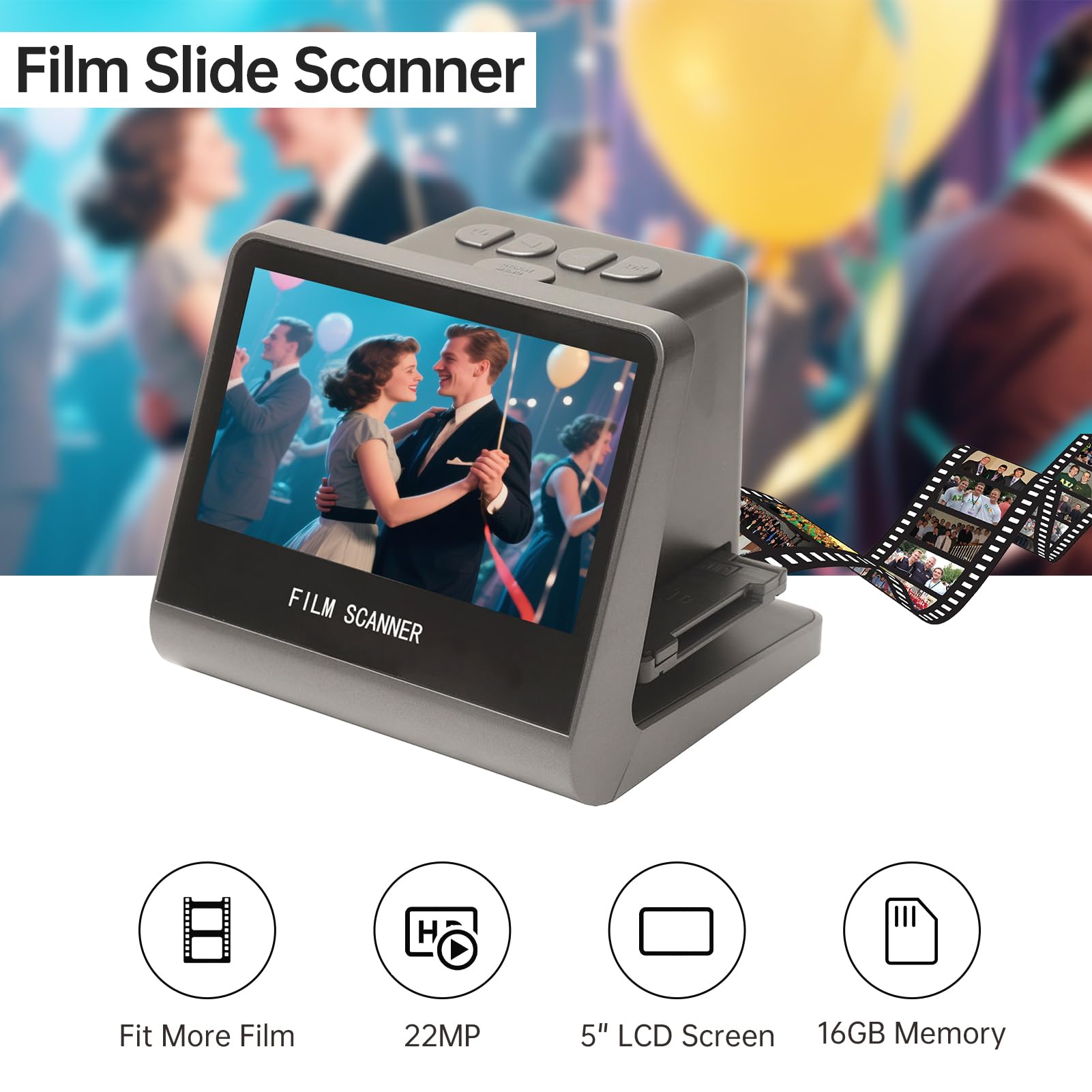 Diyeeni Filmscanner für 35-mm-126-110-Super-8-Dias, Restaurierung Alter Fotos, Digitalisierung mit 5-Zoll-LCD, 16 GB Speicher für PC, MacOS, TV