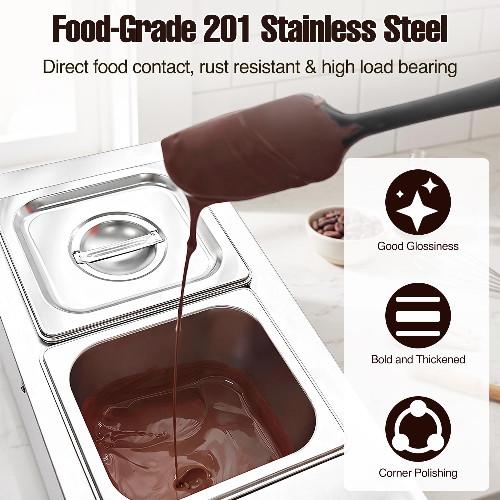 Tempéreuse à Chocolat Commerciale 800 W, Fondoir à Chocolat en Acier Inoxydable, Bain-Marie Électrique à 2 Cuves 1,5 L, Température Réglable 30-80°C, Pour Chocolat Beurre Crème Lait