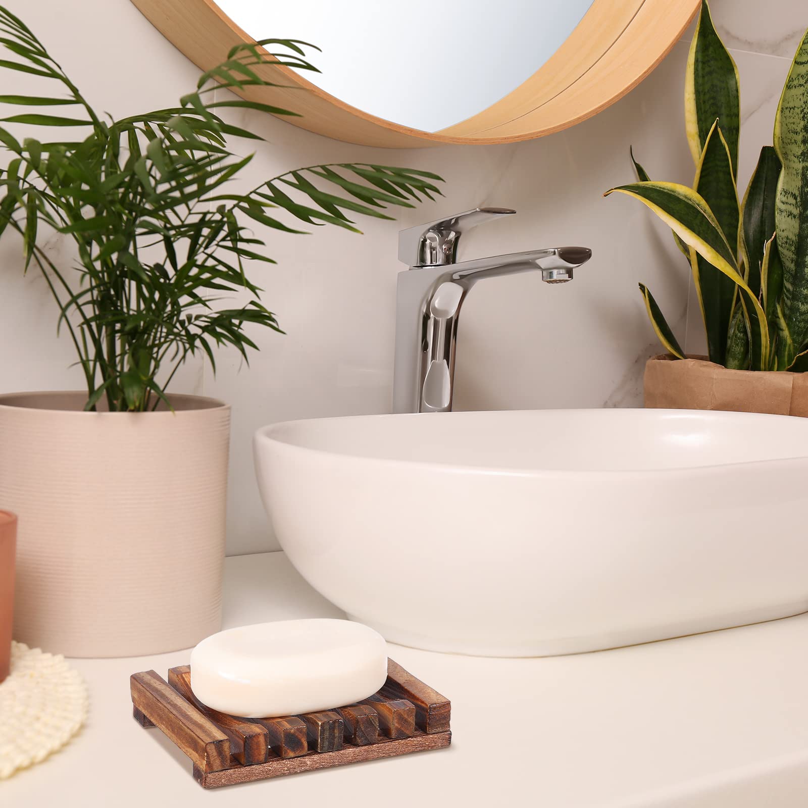 Skylety Shower Soap Holder Wooden Soap Dish Draining Soap Saver Brown Soap Tray Soap Case Soap Stand for Bathroom Kitchen Travel Sponge Shampoo Sink, 4.5 x 3.1 x 0.9 Inches (50)