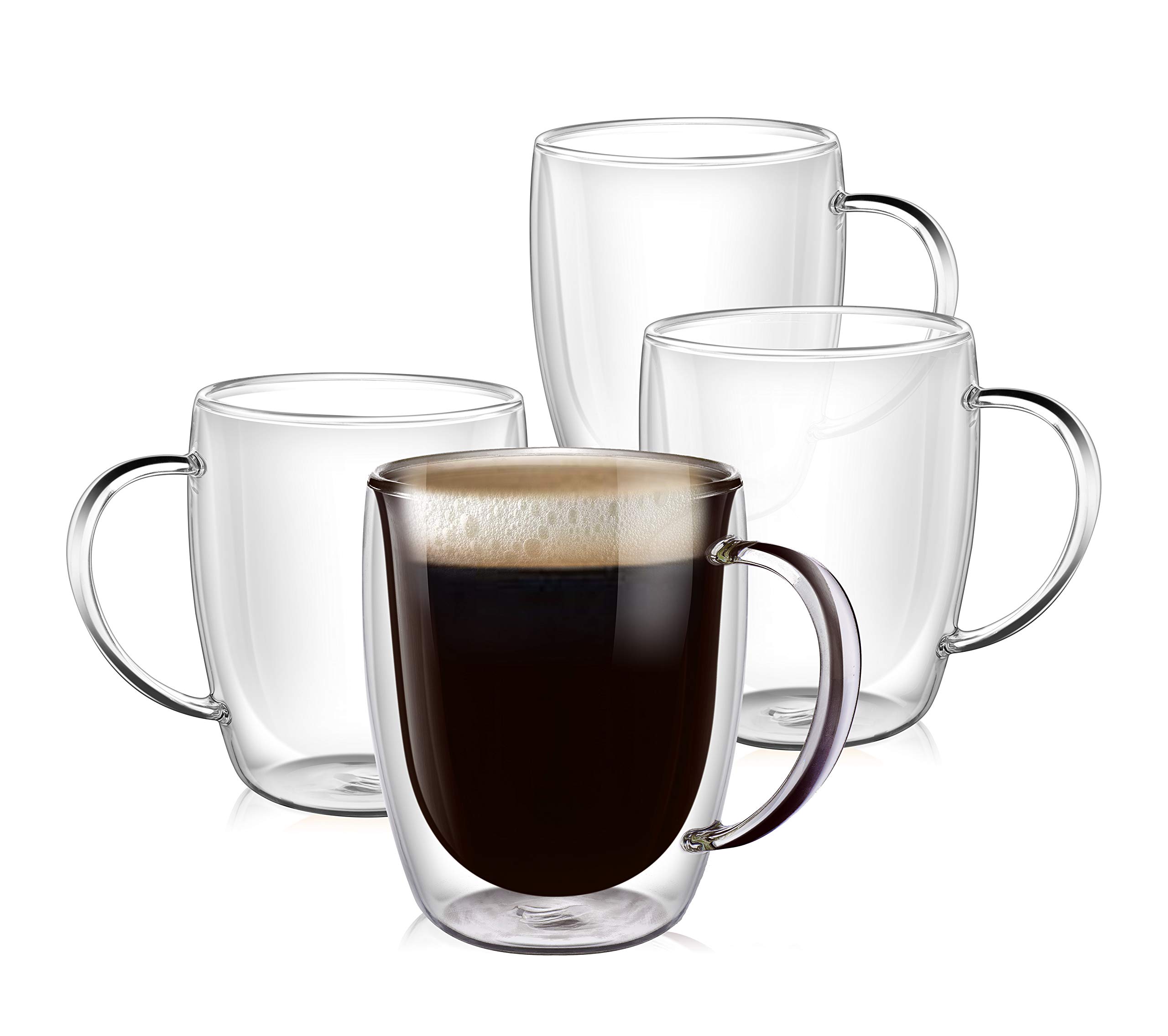 PunPun 12.9OZ. 380ml Clear Coffee Mugs, Glass Cups for Latte, Double Wall Glass with Big Handle, Clear Mugs for Iced Coffee or Hot Beverages, Espresso Cups Each Set of 4