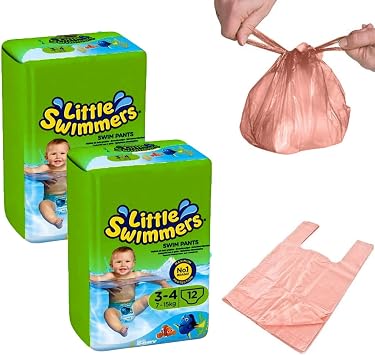 Swim Nappies Size 3-4, with Nappy Bags for Swim Nappy, Little Swimmers, Disposible Swimming Nappies for Babies 7-15kg x 24 - Waterproof Nappies Great for Summer, Indoor, Outdoors Pools