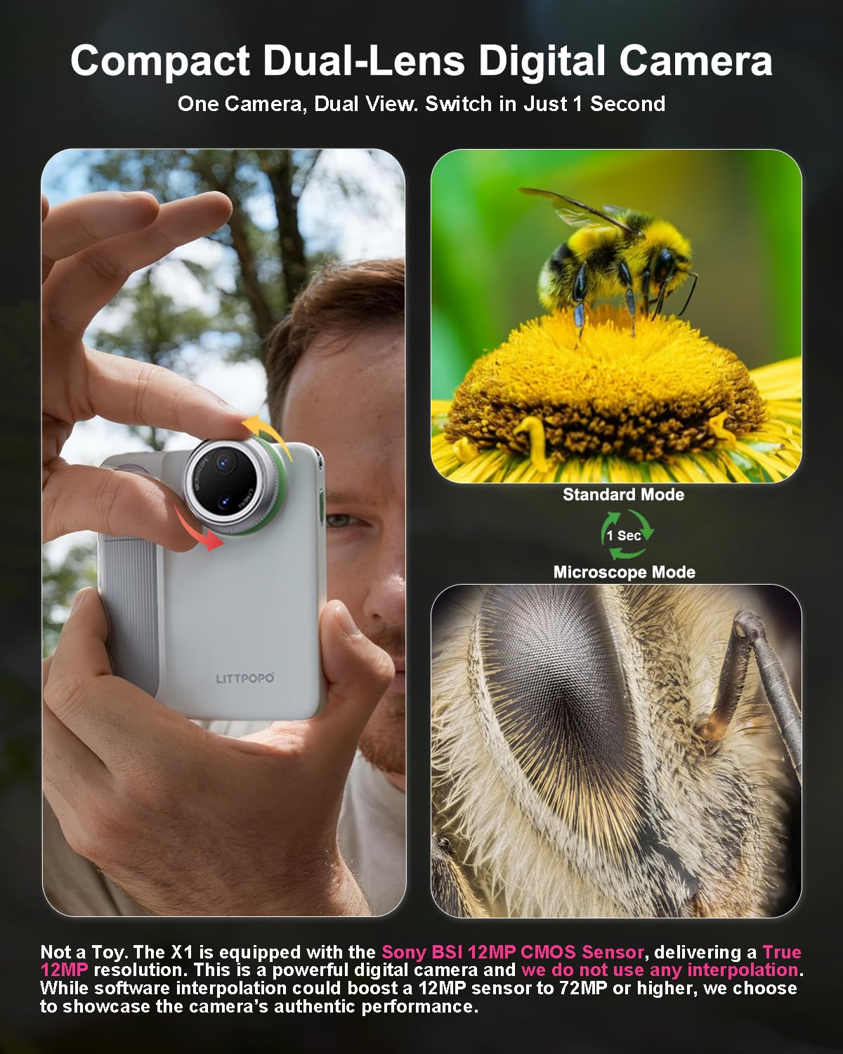 MicroCam-X1 Fotocamera Digitale, Sensore CMOS 12MP, Microscopio 400X, Video 4K, Autofocus, LCD da 3,5 pollici, Fotocamera compatta per bambini per l'apprendimento STEM | Point & Shoot - 4