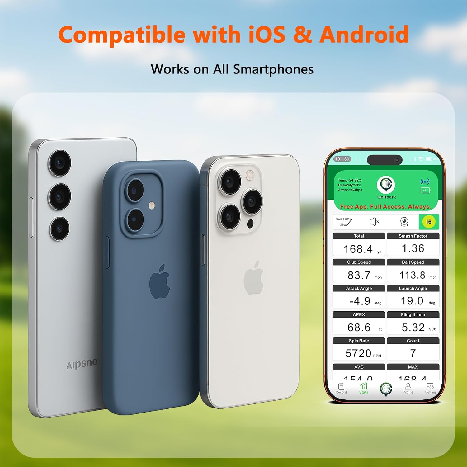 Golf Launch Monitor & Simulator: Portable Swing Analyzer with 13 Metrics, 3D Driving Range, 3D Trajectory & Video Record for iOS/Android