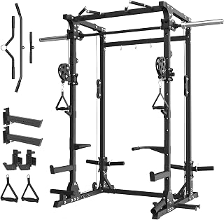 Smith Machine Home Gym Package with Aluminum Pulley Set, All-in-One Power Rack with Cable Crossover, Dual 1:1 Pulley System, Includes 11 Rack Attachments, T35