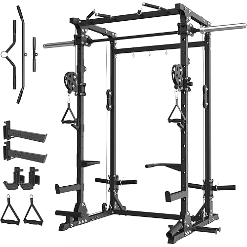 Smith Machine Home Gym Package with Aluminum Pulley Set, All-in-One Power Rack with Cable Crossover, Dual 1:1 Pulley System, Includes 11 Rack Attachments, T35