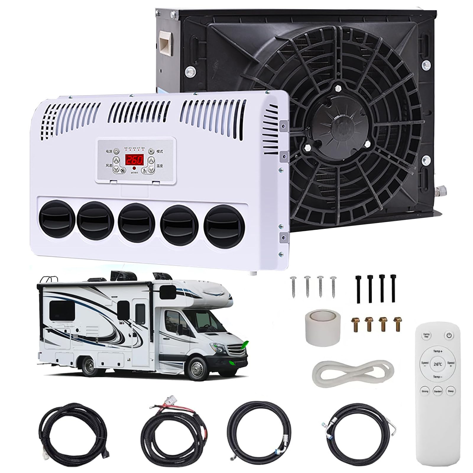 TIANQIHAO Rv Air Conditioner Kit, 850W Split Parking Ac, Silent Fast Cooling, For Trucks Buses Rvs Caravans Excavators,Black-12V
