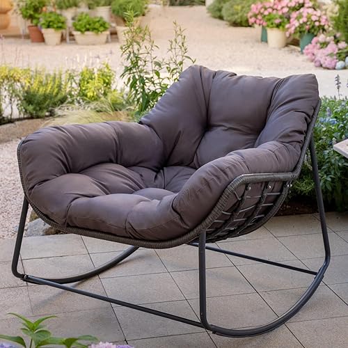 Yechen Outdoor Indoor Papasan Rocking Chair, Wicker Cozy Chair with Cushion, Oversized Outdoor Patio Reading Chair, Egg Chairs for Bedroom/Living Room/Porch/Garden/Lawn, Charcoal Grey