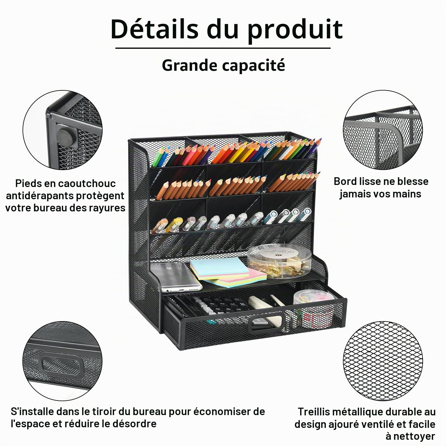 Marbrasse Organiseur de Bureau en Maille,Porte-Stylos Multifonction,Organiseur de Bureau pour Fournitures,Scolaires,Maison(Porte-Plume Noir avec Tiroir)