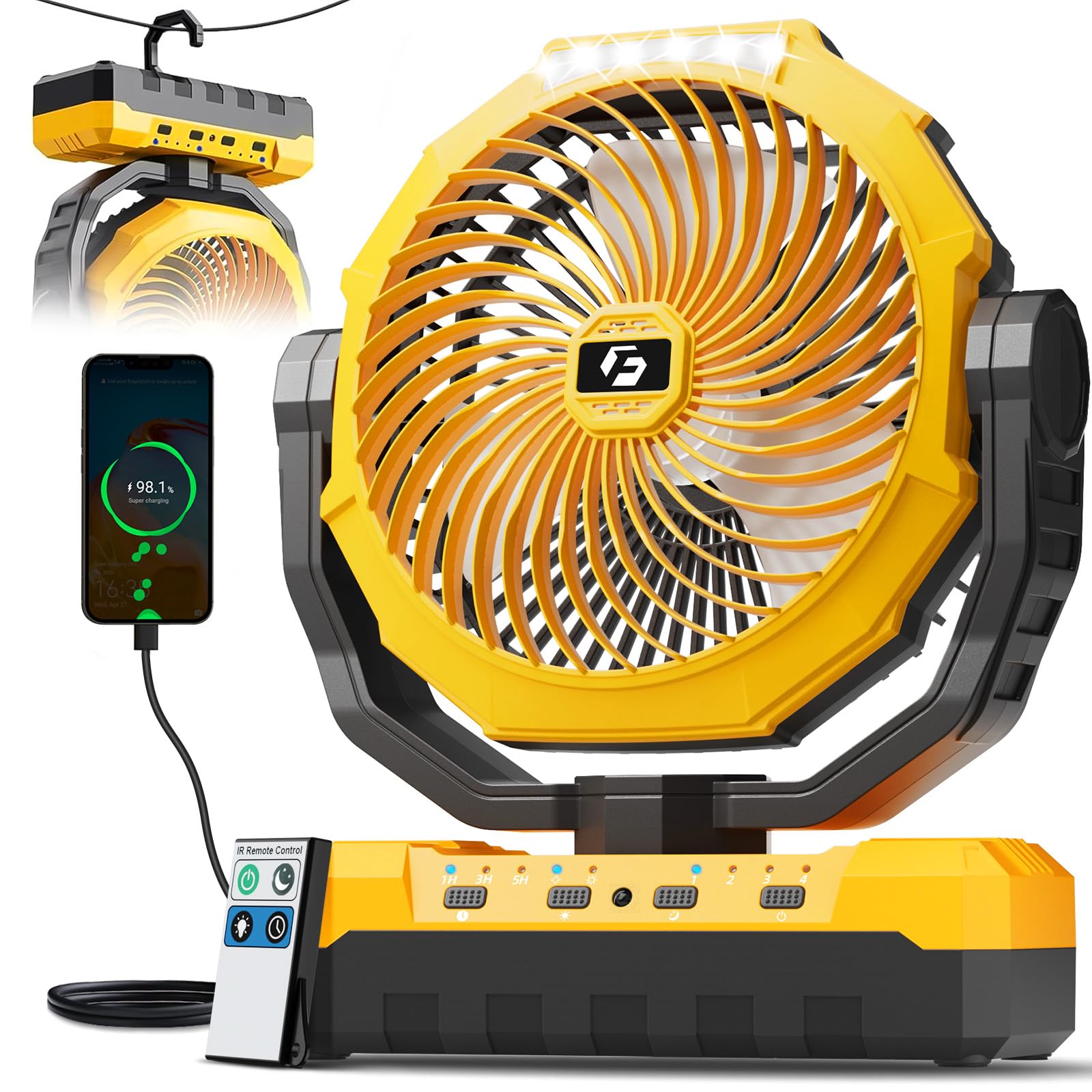FRIZCOL 3-in-1-Campingventilator, tragbar, wiederaufladbar, 24000 mAh, batteriebetriebener Ventilator (140 Stunden) mit Licht und Fernbedienung für drinnen, draußen, Zelt, Reisen, Grillen, Angeln