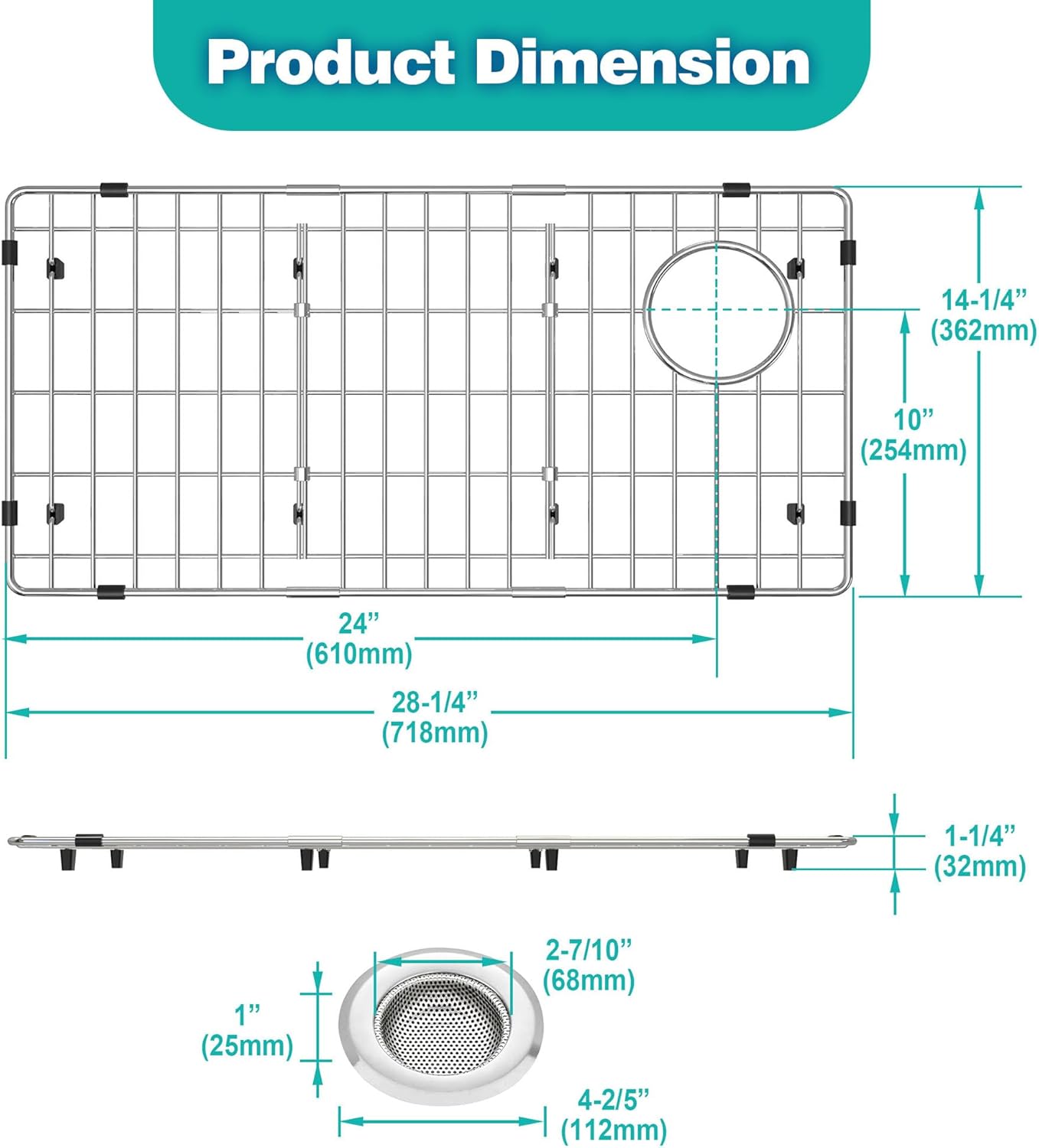 Sink Protectors for Kitchen Sink, Stainless Steel Sink Protector 28-1/4" x 14-1/4" x 1-1/4" bottom grid for kitchen sink, Sink Rack for Bottom of Sink