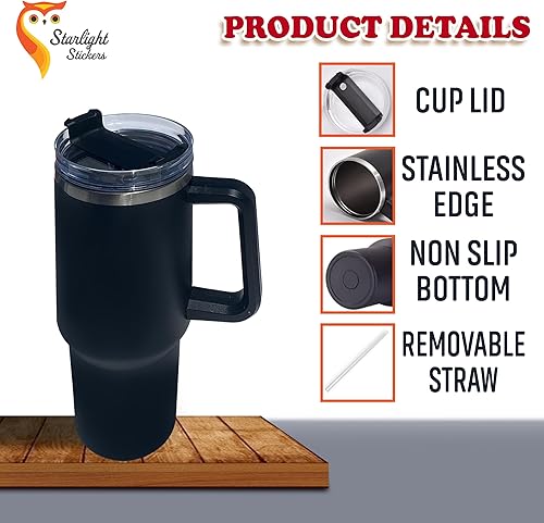 Miniatura 2 de Vaso de 40 onzas con asa y pajita, recubrimiento en polvo, vaso de viaje de acero inoxidable con aislamiento al vacío de doble pared, grabado con