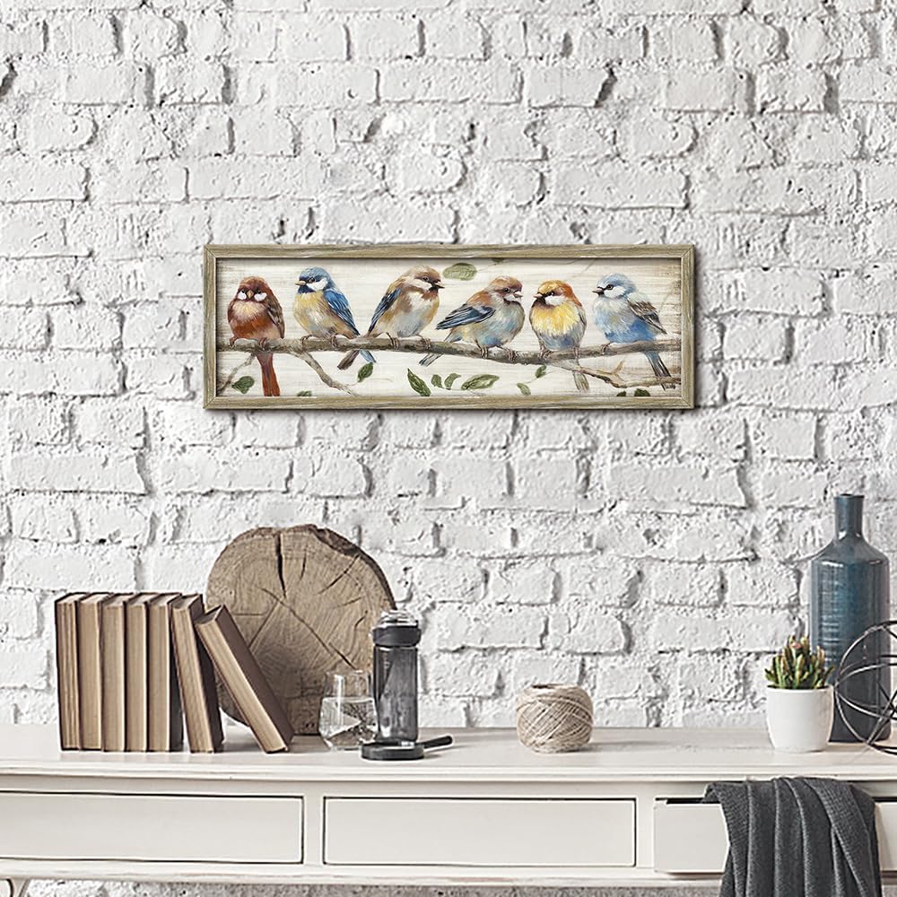 Colorful Bird Framed Wall Art: Cute Chickadee Wooden Painting Vintage Sparrow Picture Bluebird on Branch Prints Countryside Artwork Rustic Decor for Living Room Bedroom Farmhouse