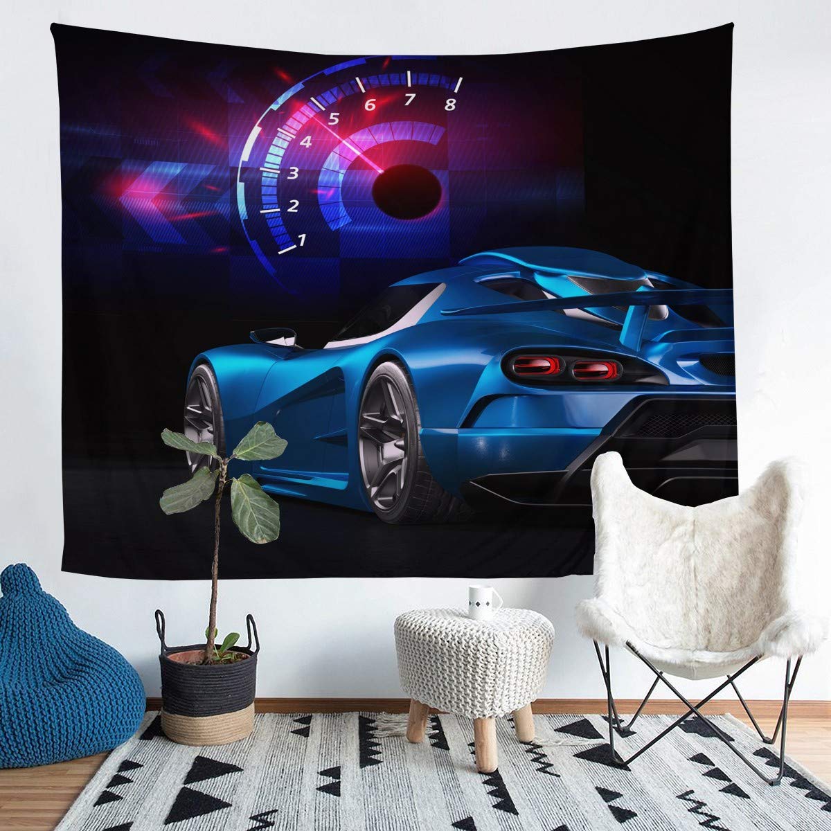 Sports Car Tapestry Wall Hanging Blue Racing Car Tapestry for Kids Boys Girls Extreme Sports Theme Wall Tapestry Automobile Style Cool Decor Wall Art for Bedroom Living Room,Medium 51x59 Inch
