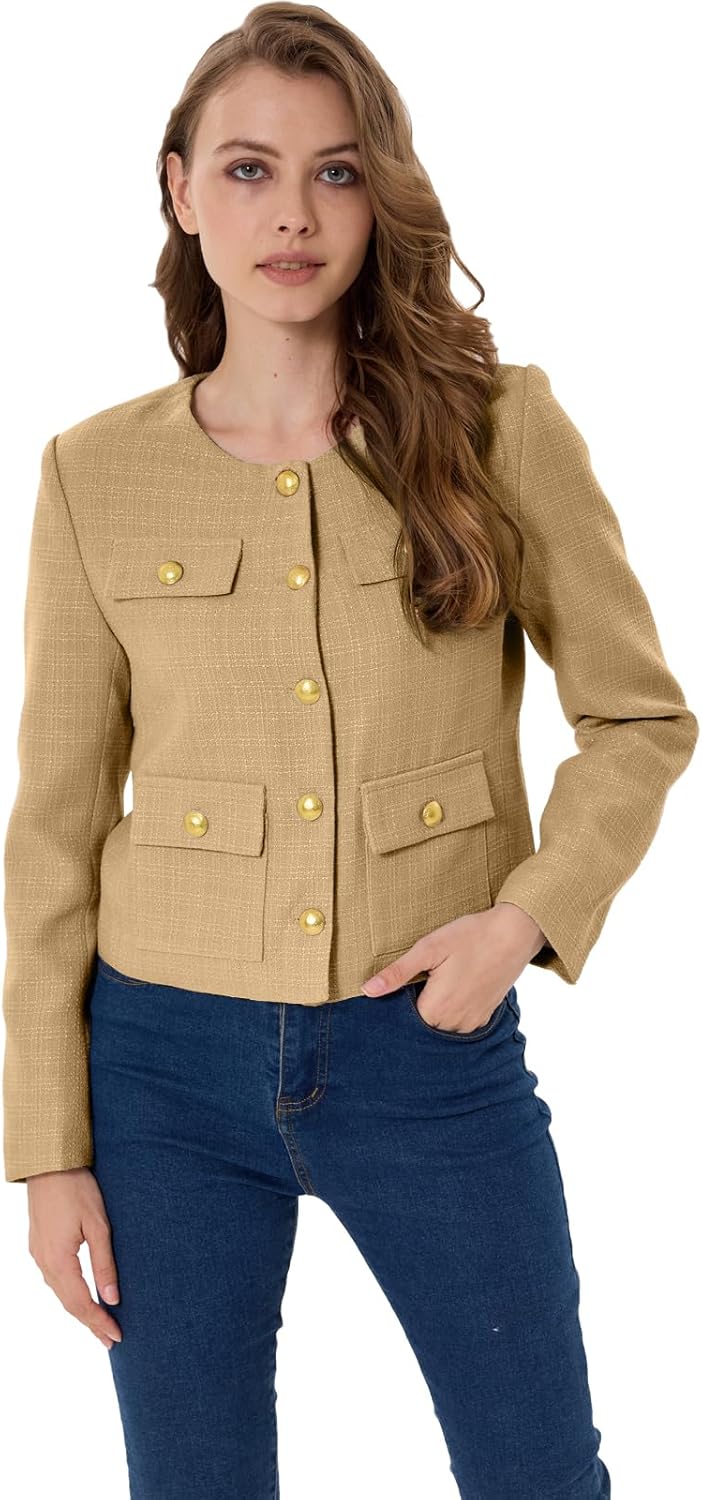 Women's Tweed Jacket Cropped Blazers Spring Summer Round Neck Business Work Office Plaid Jacket - Image 2