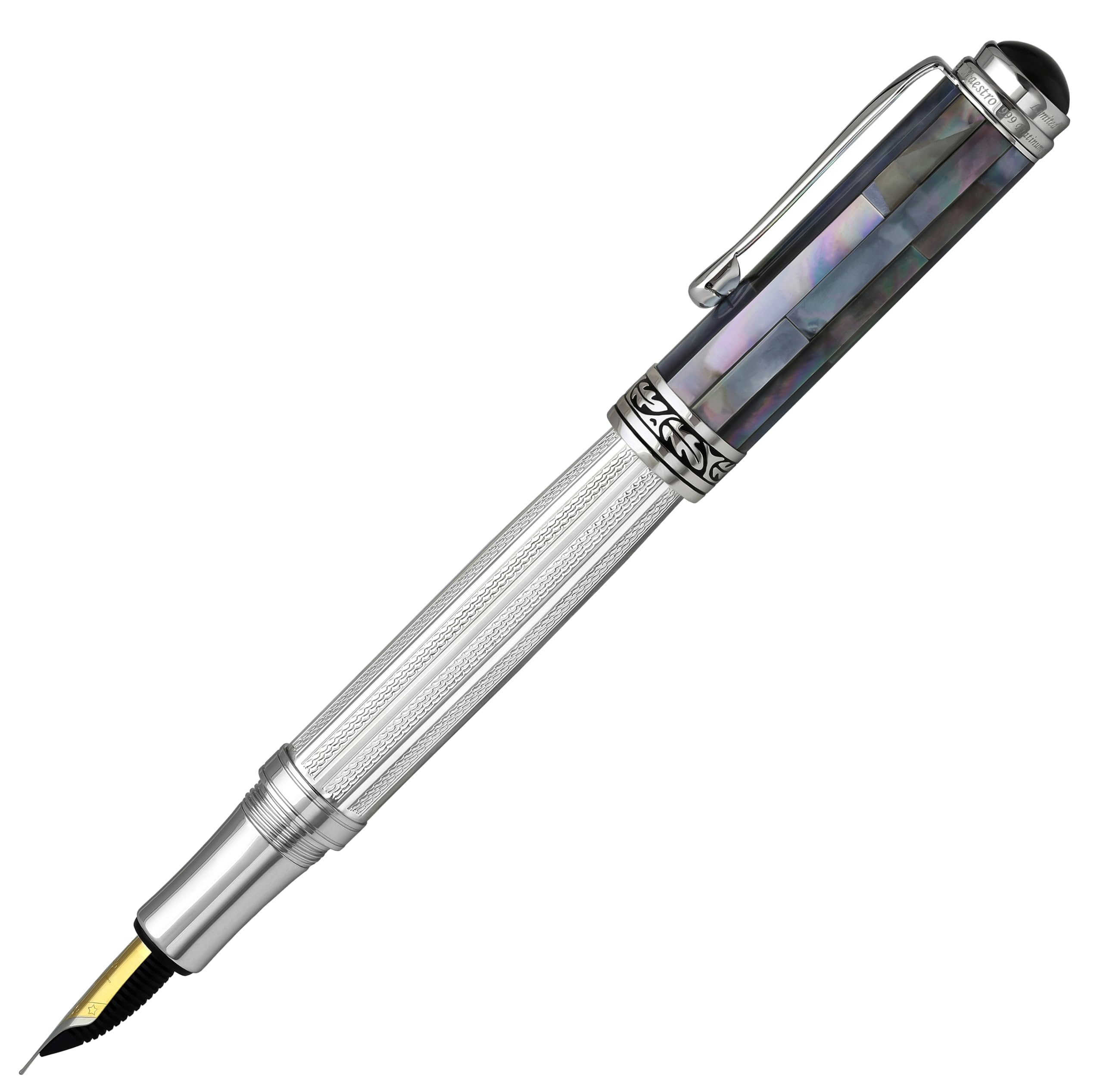 Xezo Maestro Füllfederhalter, Feine Feder. Massives 925 Sterling Silber mit Einlagen aus Schwarzem Perlmutt. Platinierte Teile. Handgefertigt, Limitierte Auflage, Nummeriert
