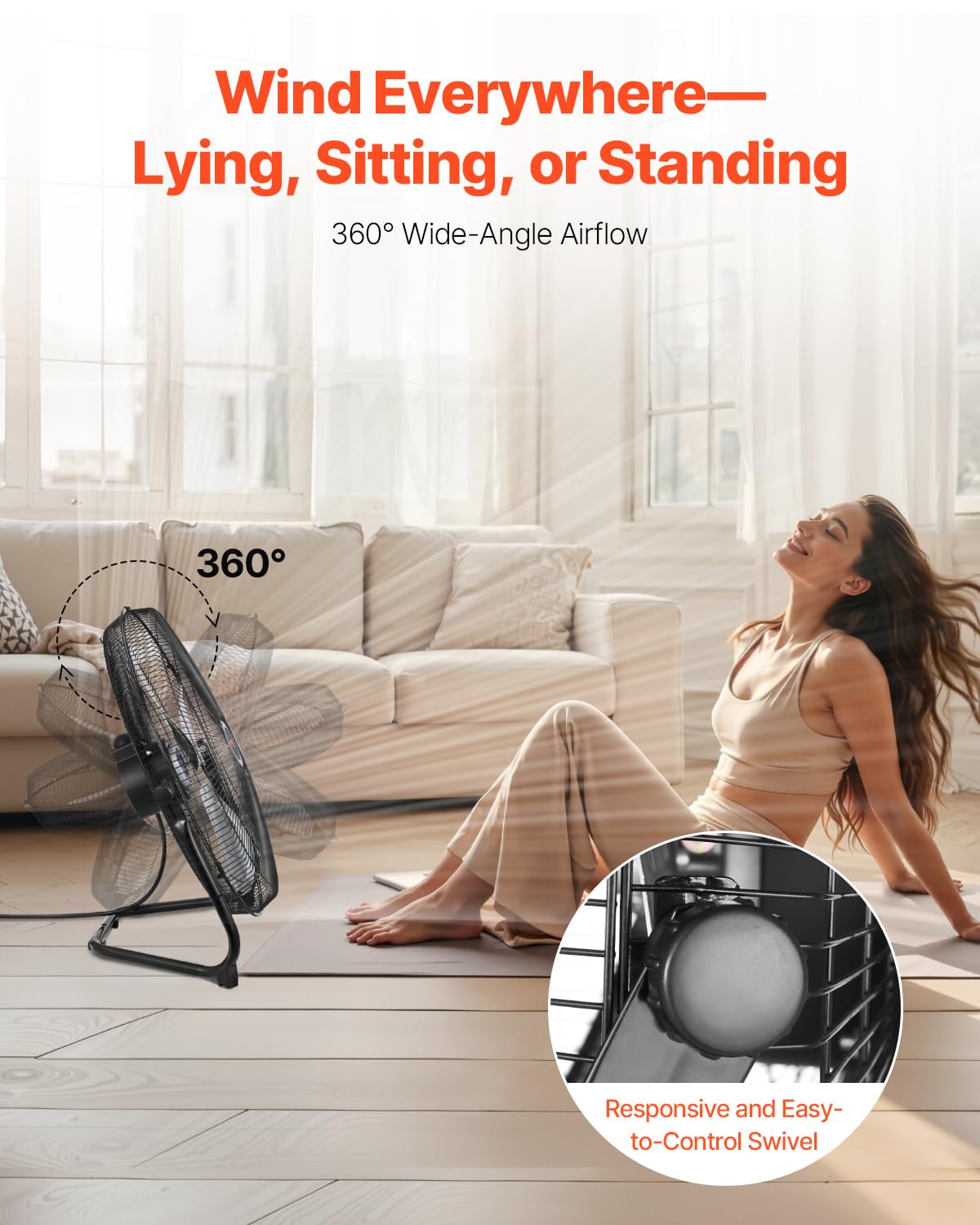VEVOR Ventilatore da Pavimento, 3 Velocità, Ventilatore Industriale ad Alta Velocità da 450 mm 113,26 m³/min Inclinazione Regolabile a 360° per Casa, Palestra, Ufficio, Garage, Negozio Commerciale