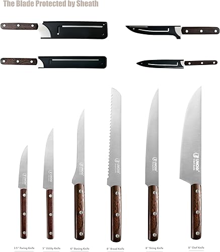 Miniatura 6 de Juego de cuchillos de cocina de 6 piezas con fundas en caja de regalo, mango de madera de espiga completa, acero inoxidable alemán, juego de