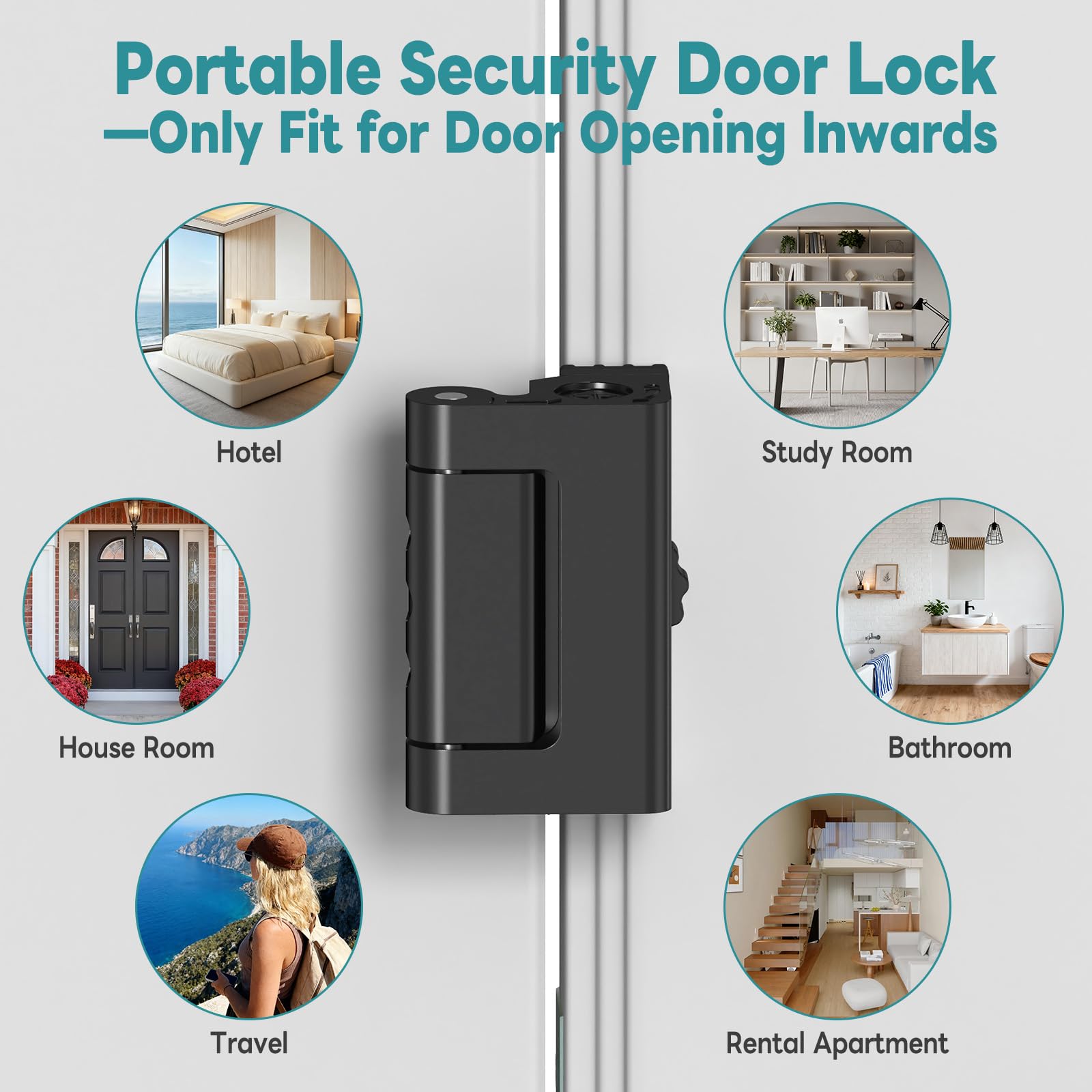 Serratura di sicurezza portatile aggiornata per porte di sicurezza, senza foratura, chiusura a scatto che impedisce l'ingresso non autorizzato, adatta per porte con apertura interna