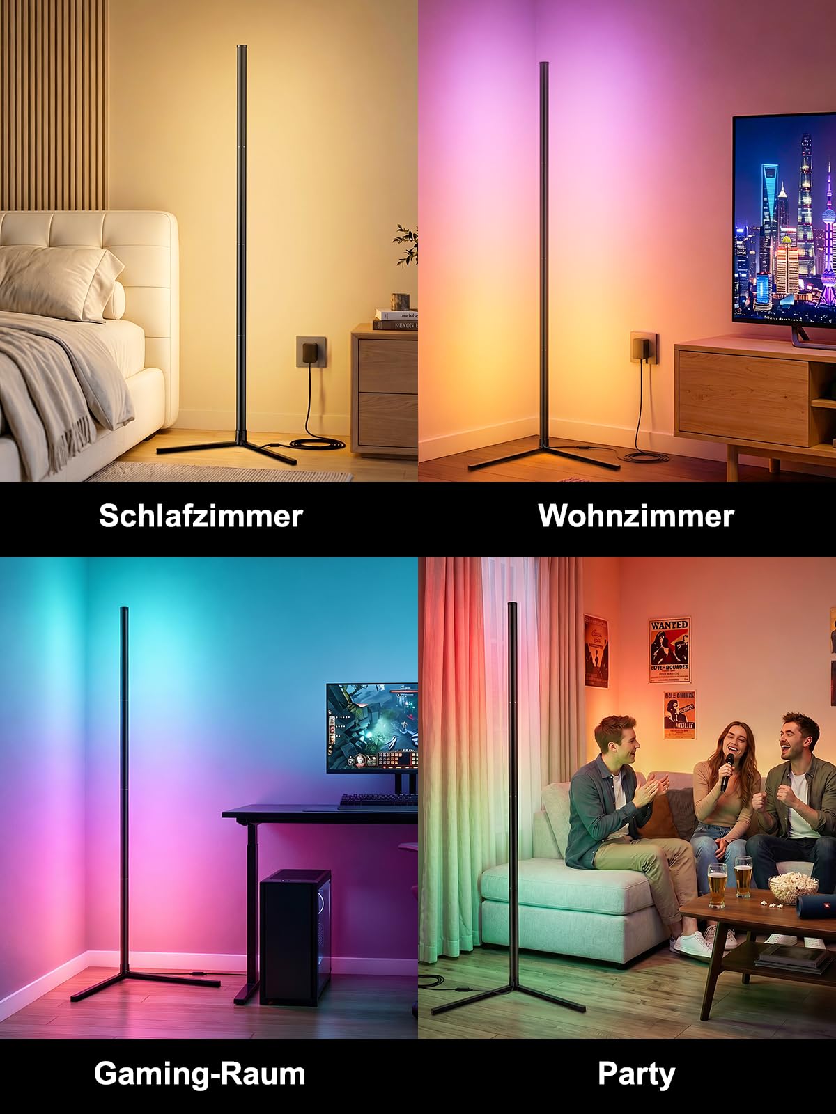 riyo 2400LM LED Stehlampe Wohnzimmer Dimmbar, 146cm RGBIC Ecklampe mit 168 LEDs, 16 Mio. Farben & 300+ Modi, Musik Sync, Smart Floor Lamp mit Fernbedienung & APP für Schlafzimmer Gaming Deko Schwarz