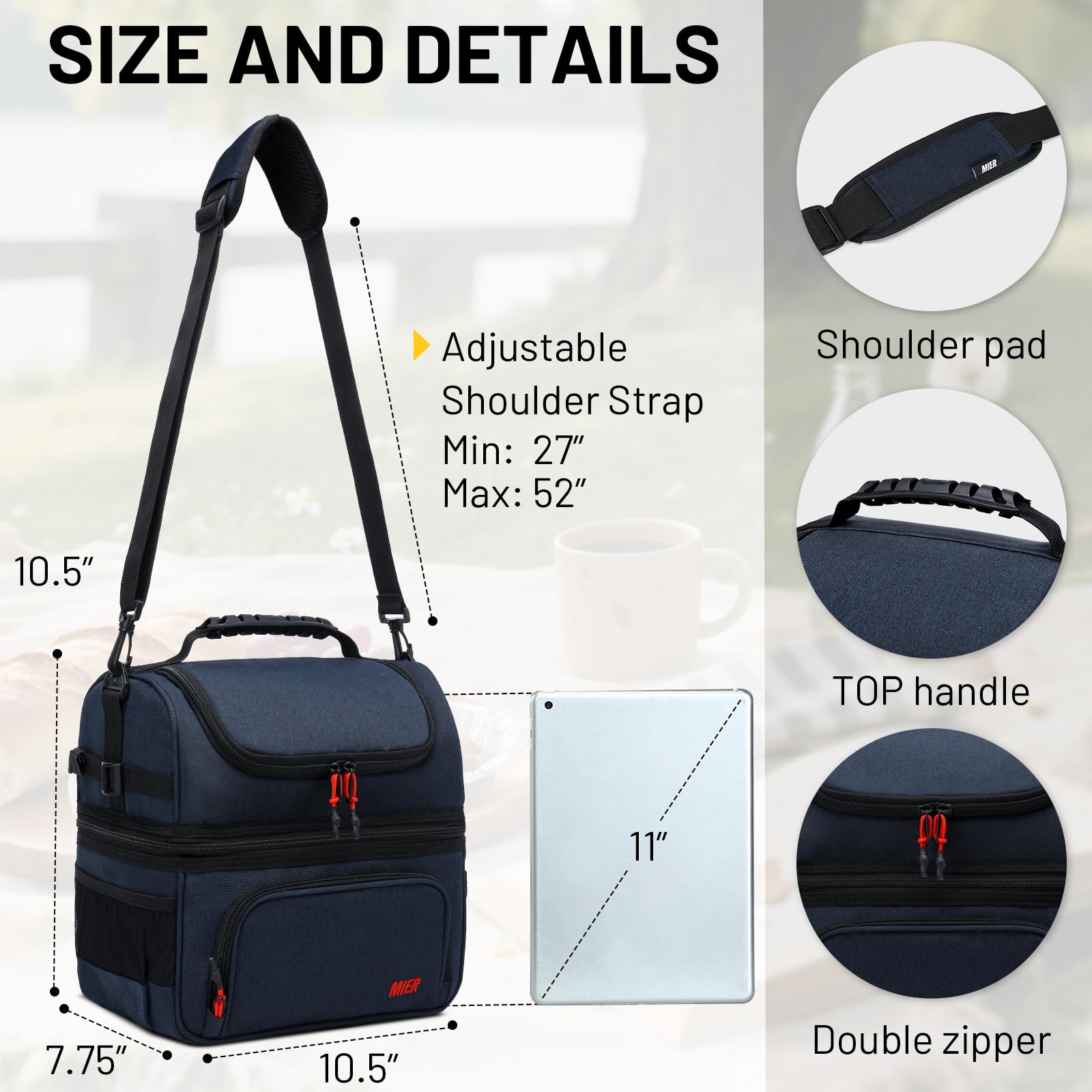 MIER Borsa per il pranzo a doppio scomparto con tracolla per uomini e donne isolata a prova di perdite, blu scuro