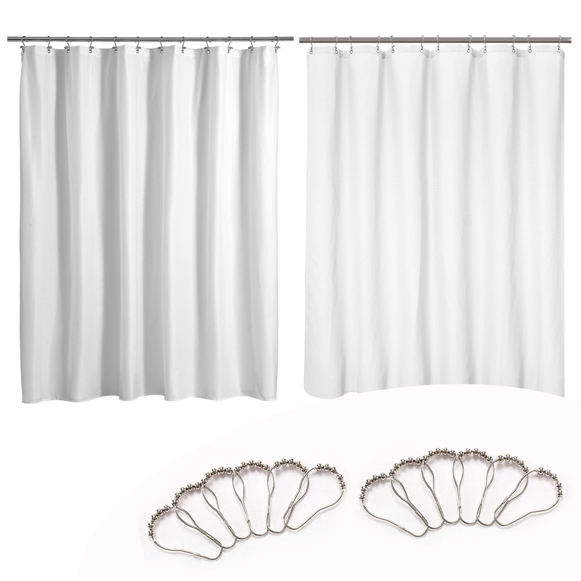 Barossa Design Waffle Weave Shower Curtain 71" x 84" & Fabric Shower Curtain Liner 72" x 84" & Shower Hook Set