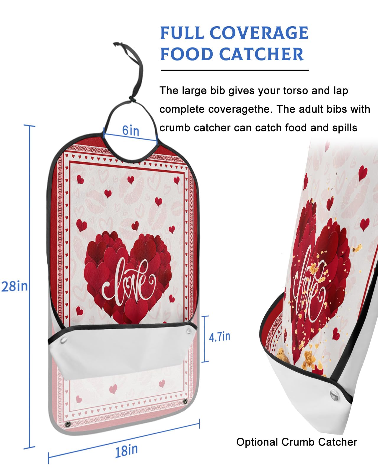 LEOKOTI Valentine's Day Adult Bibs for Eating, Waterproof Bibs with Food Catcher & Adjustable Snap Closure, Red Board Love Heart Romantic Washable Clothing Protectors Adult Bibs for Elderly Women/Men