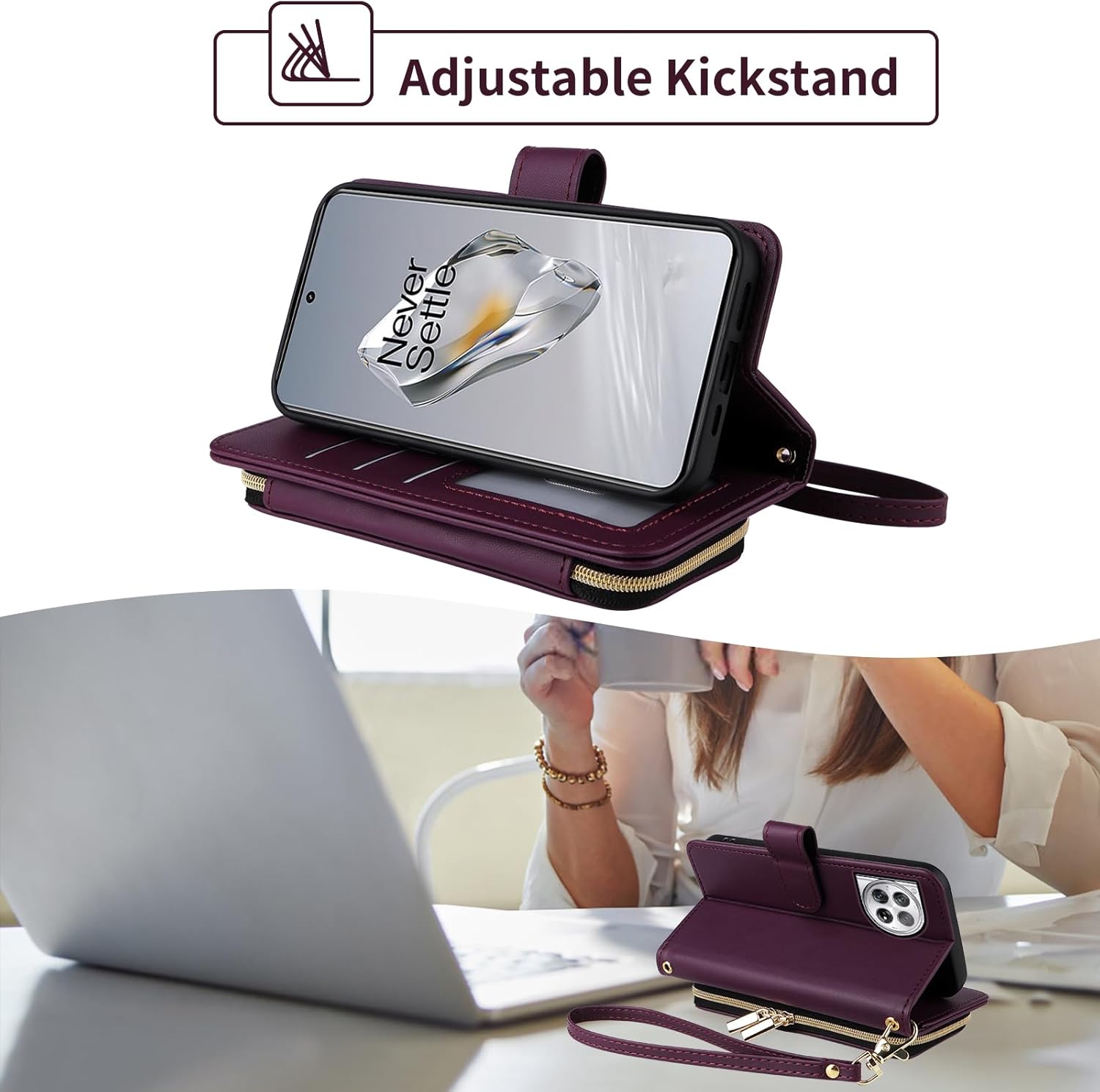 Argyle Wallet Case for OnePlus 12 5G with Wrist Strap Shoulder Strap, 9+ Card Slots Zipper Purse Luxury PU Leather Stand Checkered Cell Phone Cover for One+ 1plus12 2024 Women Girls Deep Purple