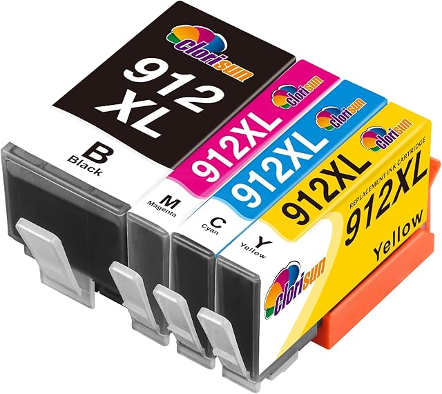 Clorisun 912XL Ink Cartridges for HP 912 912XL Ink Cartridges Multipack for HP OfficeJet 8012 8015 8014 8017 OfficeJet Pro 8022 8024 8025 8023 HP8015 HP8012 Printer Black Cyan Magenta Yellow (4 Pack)