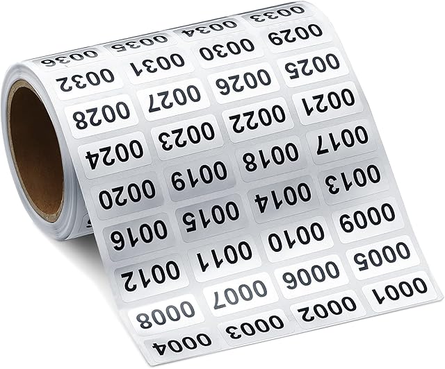 Consecutive Number Label Stickers Waterproof Inventory Number Stickers for Inventory Storage Classification, 0.39 x 0.78 Inch (0001 to 2000)
