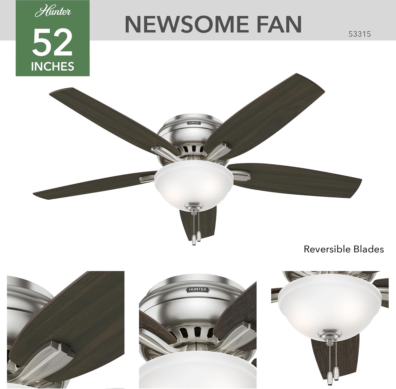 Hunter Fan Newsome Indoor Low Profile Ceiling Fan with LED Light and Pull Chain Control, 52", Brushed Nickel