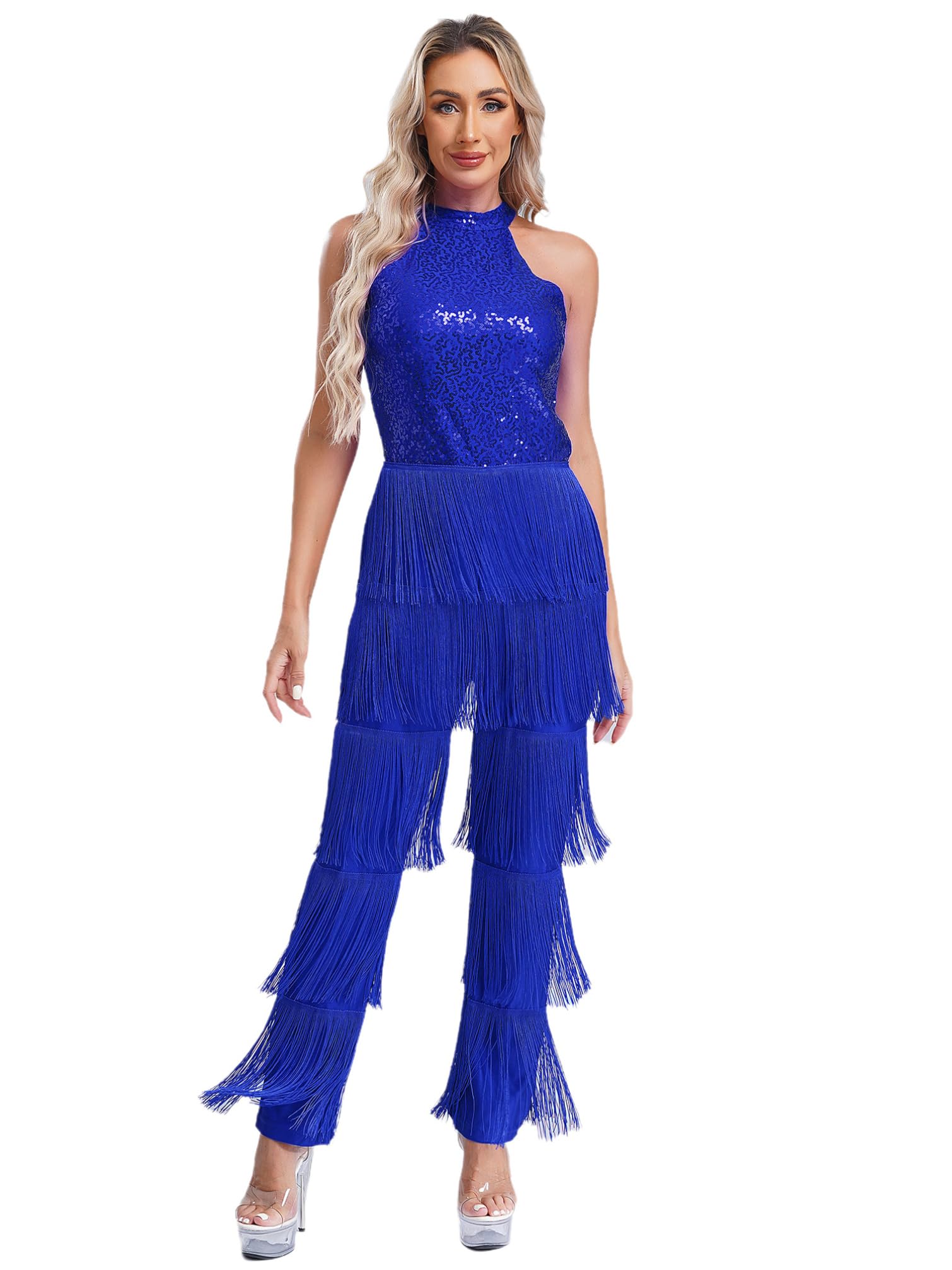 TiaoBug Abito da Ballo Latino Americano Tango Donna con Nappe Paillettes Body Danza Classica Moderna Collo Halter Costume da Danza Samba Rumba Salsa Sala da Ballo Dancewear