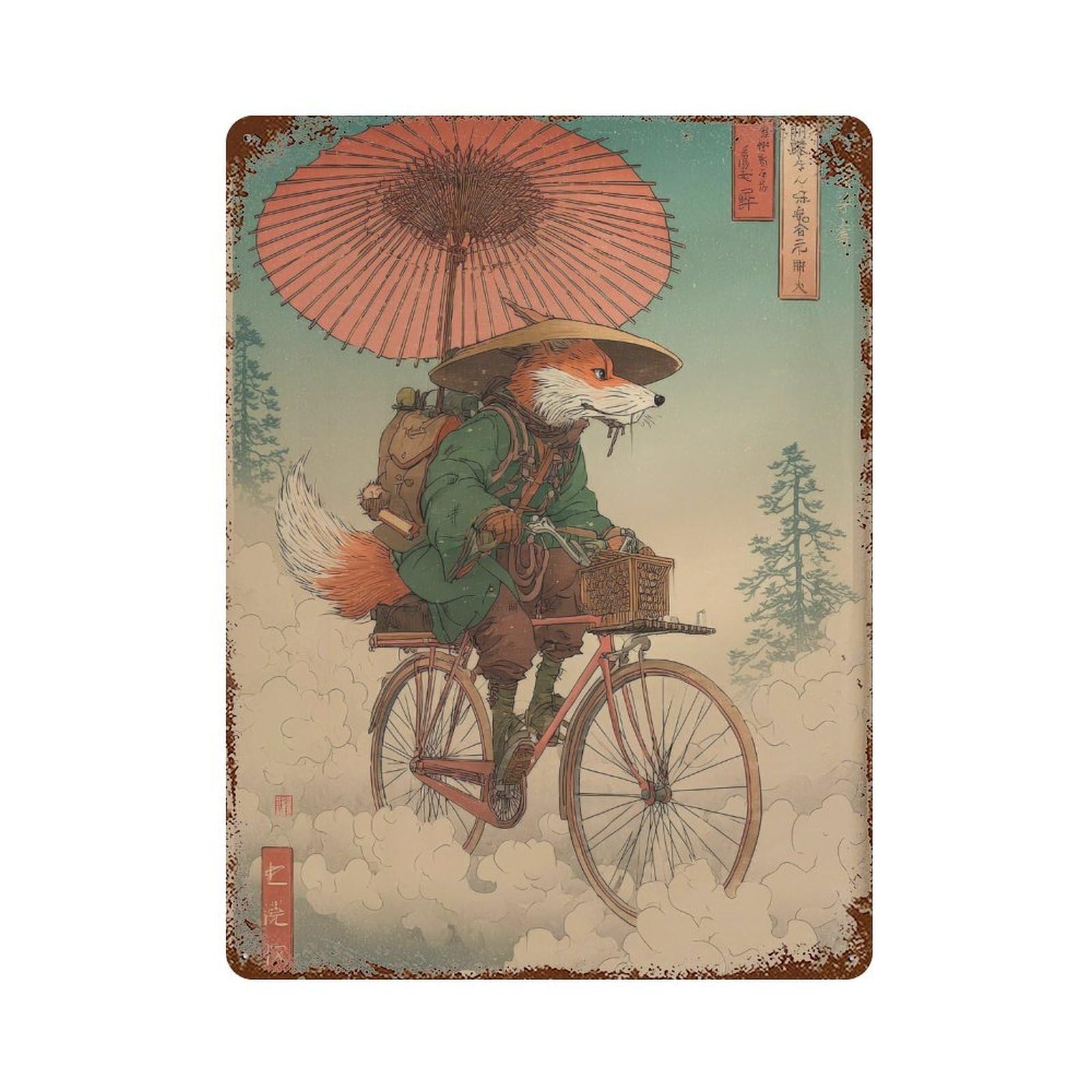 xiaoxiaoshen Fox On Bicycle. Ukiyo Wall Decor Art Metal Tin Poster Modern Home Decor Art Home Bar Shop Decorations Vintage Sign 40x30cm