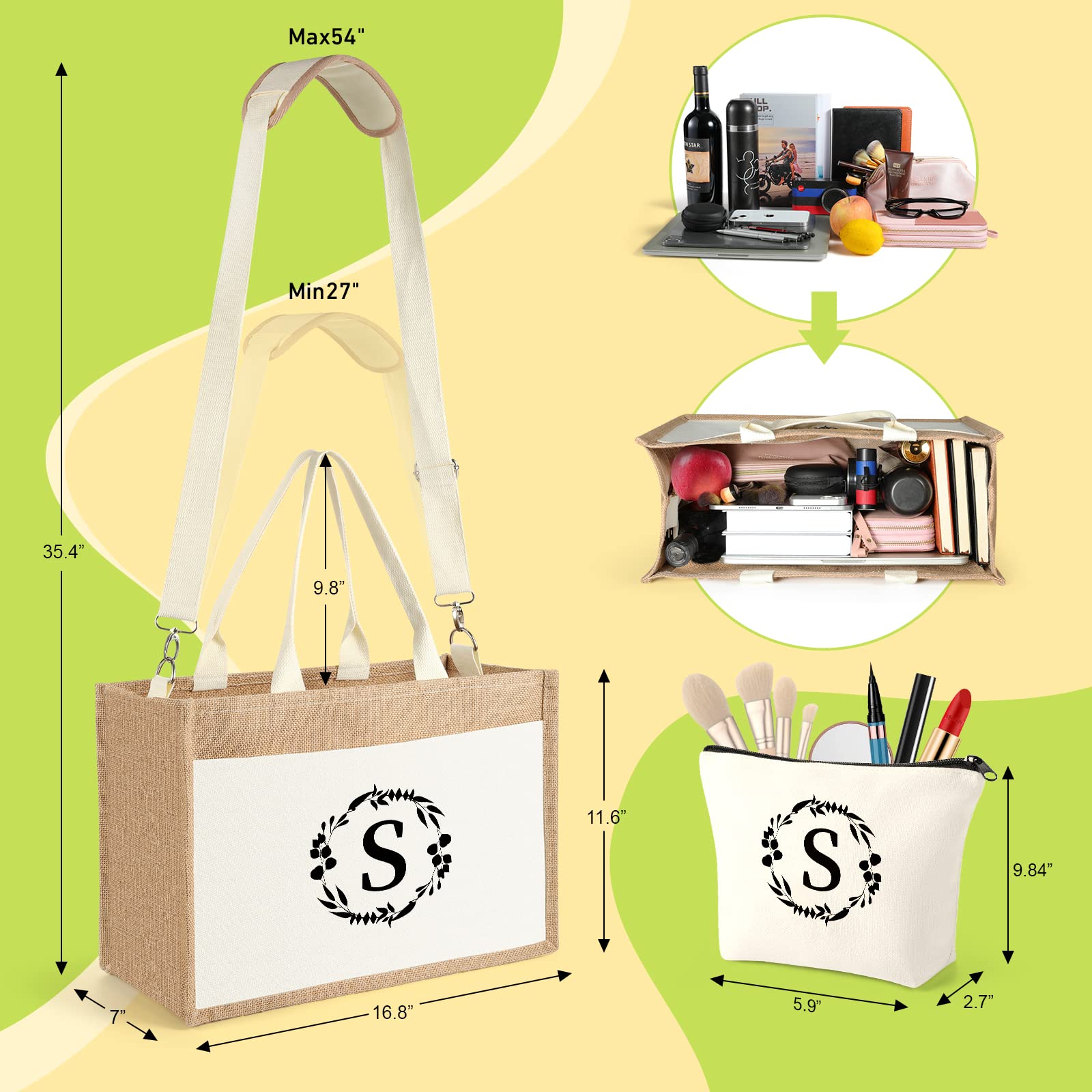 Birthday Gifts for Women Mothers Day Gifts for Mom Wife Grandma Daughter Sister Bridesmaid Initial Jute Tote Bag and Makeup Bag L