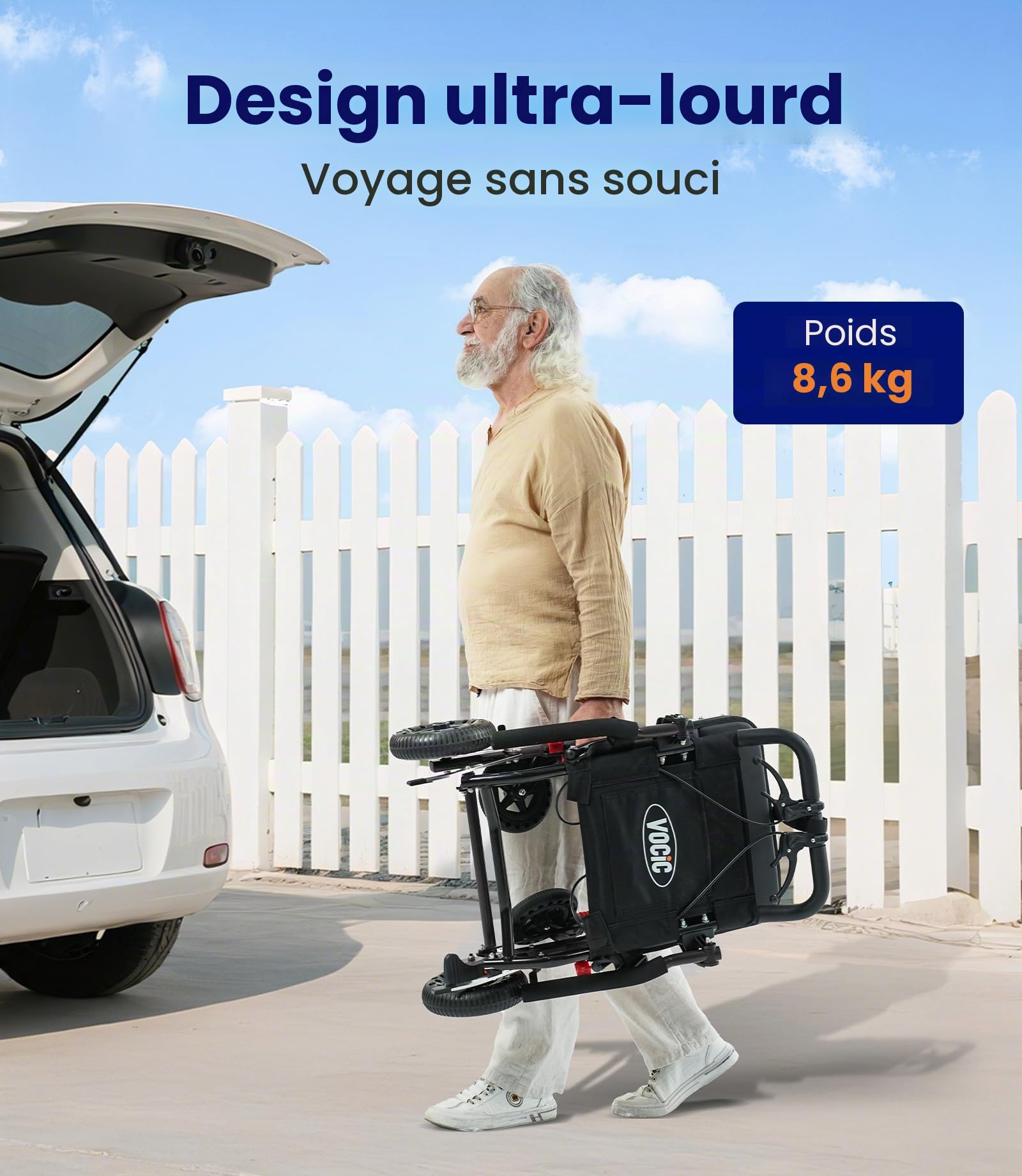 VOCIC U41 Fauteuil Roulant Pliable Ultraléger 8.6KG | Chaise roulante de transport voyage en avion,pneus honeycomb 20CM tous terrains,aluminium compact étroit (Noir)
