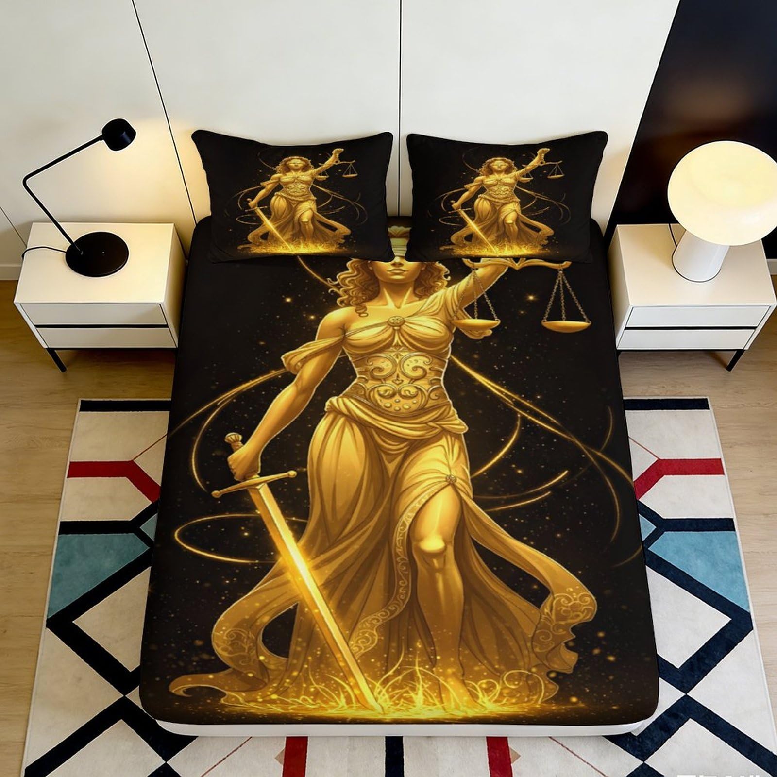 3D Printed Lady Justice Fitted Sheet Microfiber Deep Pocket Non-Slip Justice Scale Mattress Fitted Cover for Bedroom 180x200x25cm
