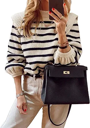 PRETTYGARDEN Women's Sweaters Casual Long Lantern Sleeve Crewneck Ribbed Knit Pullover Striped Jumper Tops Blouse