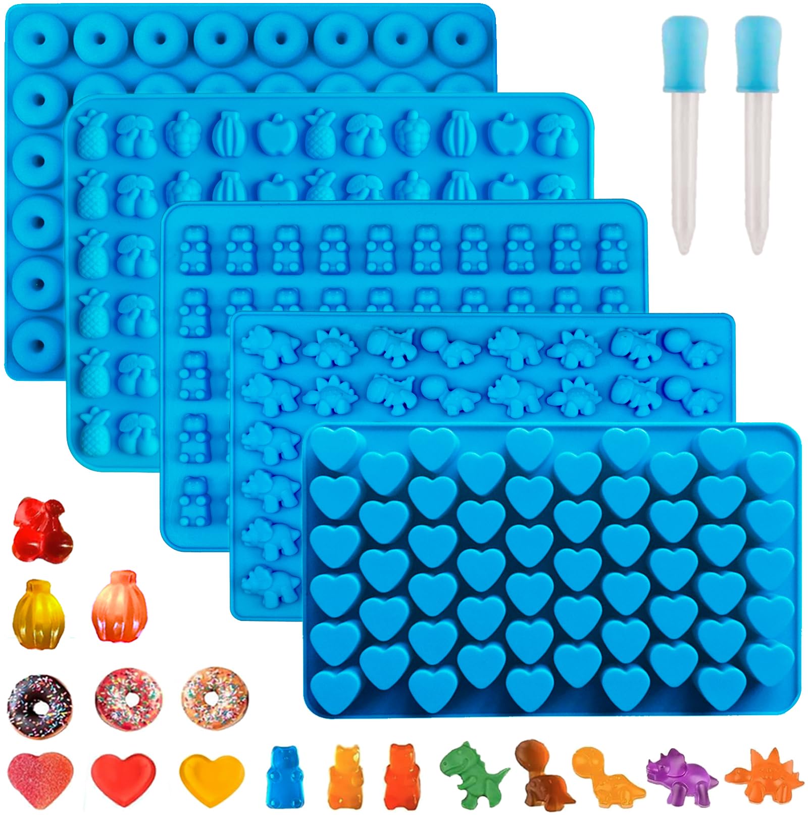 Juego de 5 moldes de silicona para caramelos, antiadherentes, con diseño de oso de goma, sin BPA, con 2 cuentagotas incluyendo mini dinosaurio, oso, corazón, fruta y mini dona