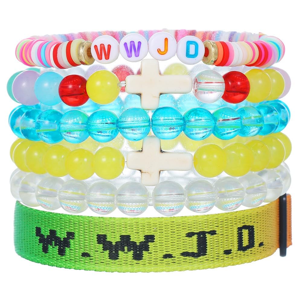 CCYTKS Trendy Cross Beaded Stackable Layering Bracelets Set - WWJD BE KIND Divine Color Stretch Elastic Preppy Surfer