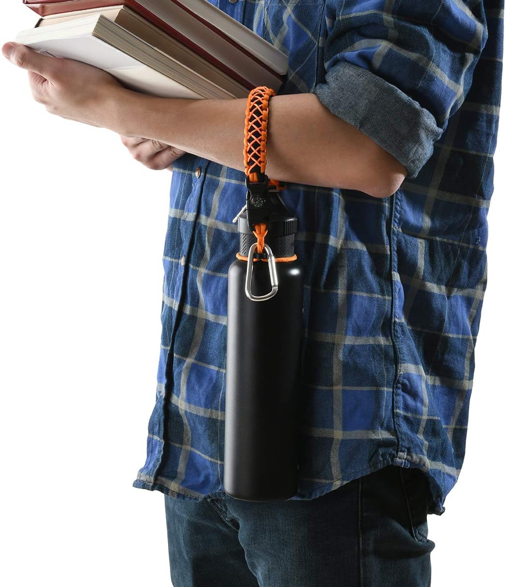 QeeLink Paracord Hande Compatible with Hydro Flask Standard Mouth Water Bottle Carrier with Safety Ring Holder | Simple Modern Ascent | Vmini Cell Strap - 12 oz, 18oz, 21 oz, 24 oz