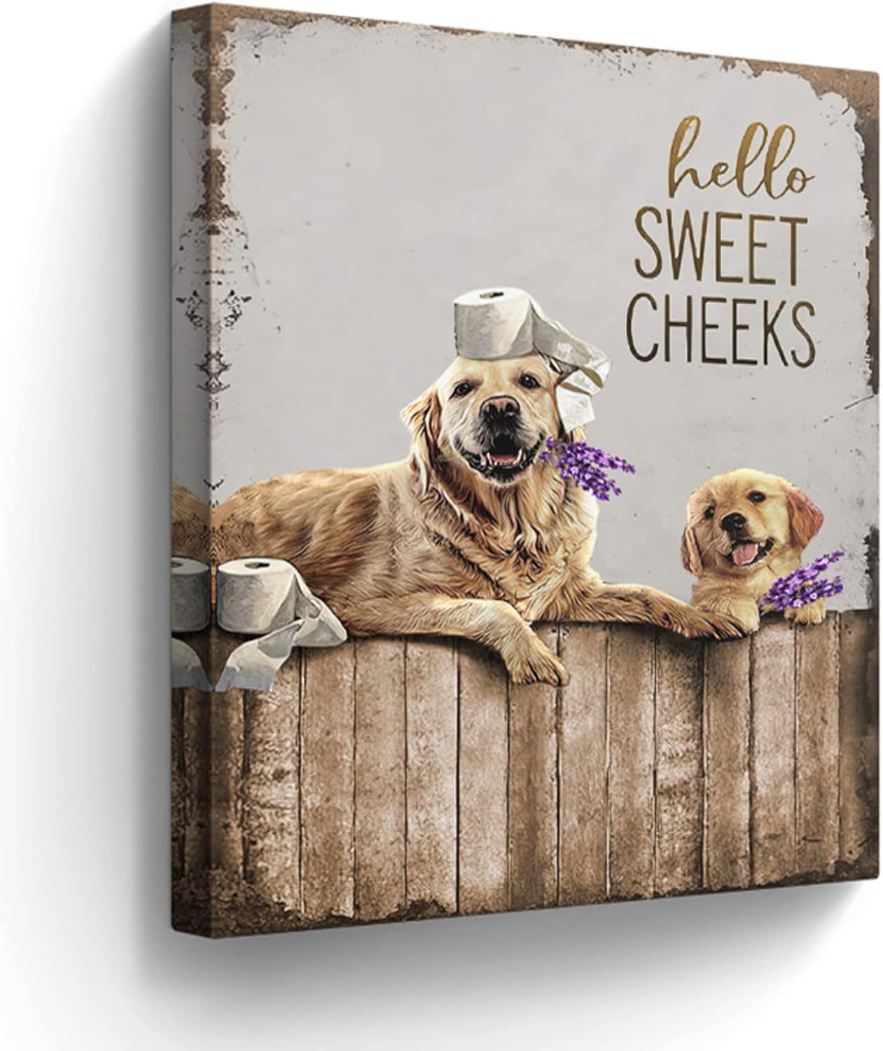 Golden Retriever in Bathtub Wall Art Funny Dog Pictures Wall Decor Farmhouse Bathroom Decor Painting for Bathroom Prints Black and White Artwork Framed 12"x16"