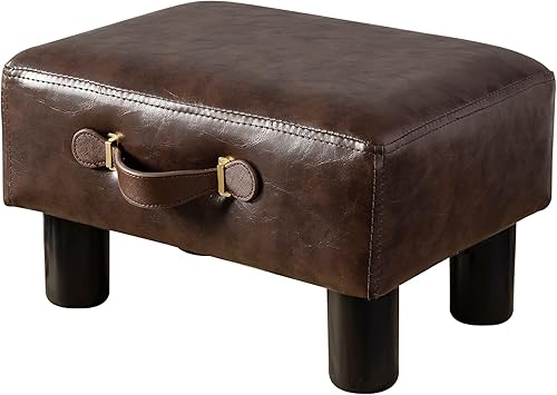 Vista 7 de Small Foot Stool with Handle, Brown Faux Leather Short Foot Stool Rest, Rectangle Storage Foot Stools Ottoman with Plastic Legs, Padded Footstool