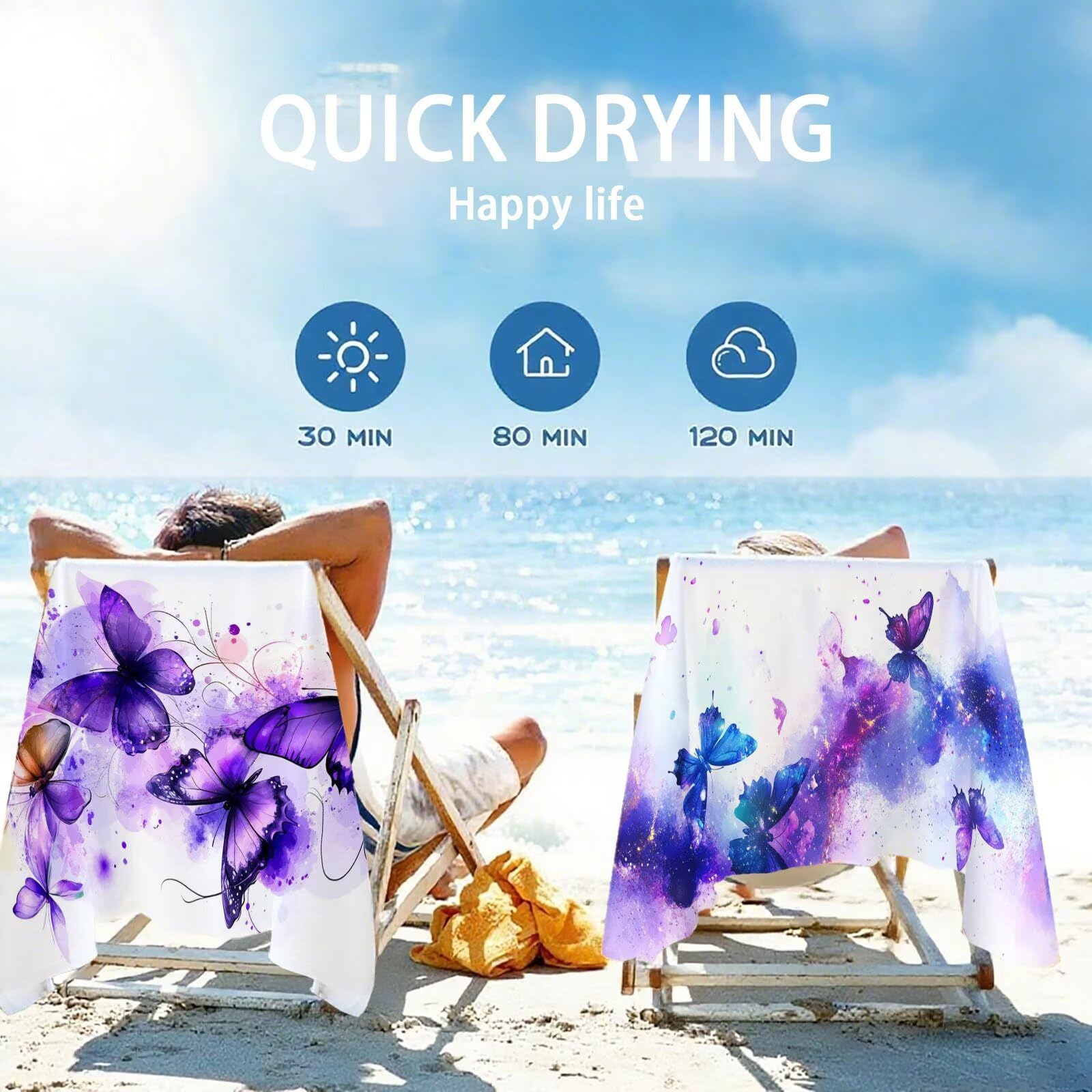Ręcznik plażowy z mikrofibry 85 x 170 cm prześcieradło plażowe przeciw piaskowaniu motyl ręcznik plażowy XXL fioletowy ręcznik plażowy szybkoschnący, miękki ultrachłonny szybkoschnący do podróży do
