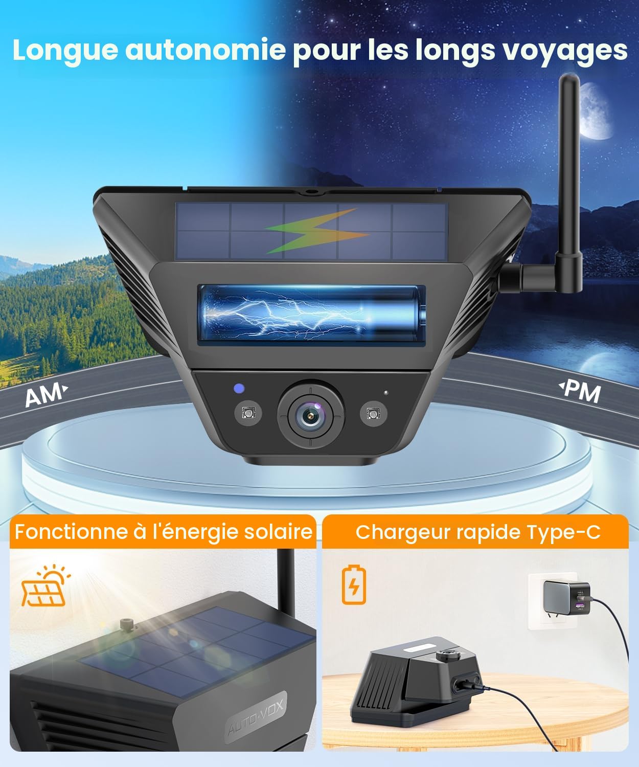 AUTO-VOX 2 Magnétique Solaire Camera de Recul sans Fil avec DVR écran 7,2" AHD 1080P : 1 Minute Installation, Rechargeable Caméra de Recul Système pour Camping Car, Caravane, Camion et Remorque