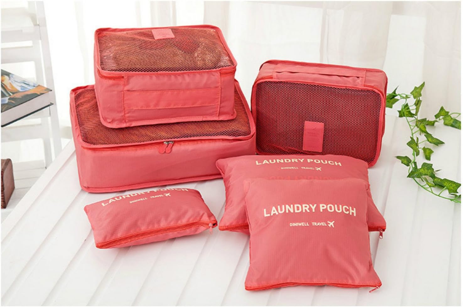 6pc Waterproof Travel Luggage Organizer Storage bag Durable Packing Compression Pouches 3 Travel Cubes + 3 Pouches (Watermelon)