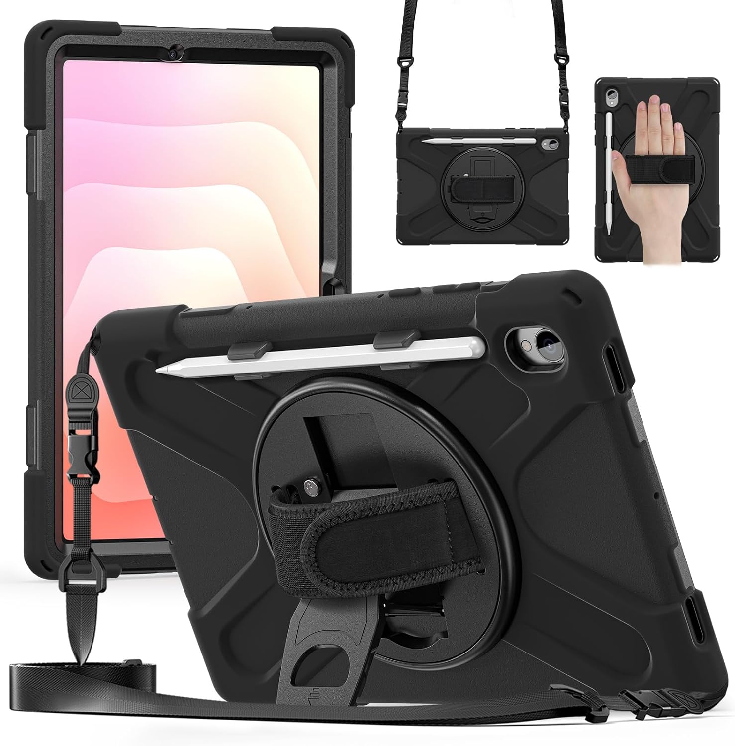 NINKI for Samsung Galaxy Tab S11 Case with Stand, (Hand Strap & Pencil Holder) Shockproof Soft Silicone TPU +PC Protective Cover Cross-Body Lanyard Bumper for Samsung Tab S11 Case 11 inch 2025 Black