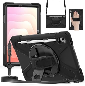 NINKI for Samsung Galaxy Tab S11 Case with Stand, Hand Strap & Pencil Holder Shockproof Soft Silicone TPU +PC Protective Cover Cross-Body Lanyard Bumper for Samsung Tab S11 Case 11 inch 2025 Black