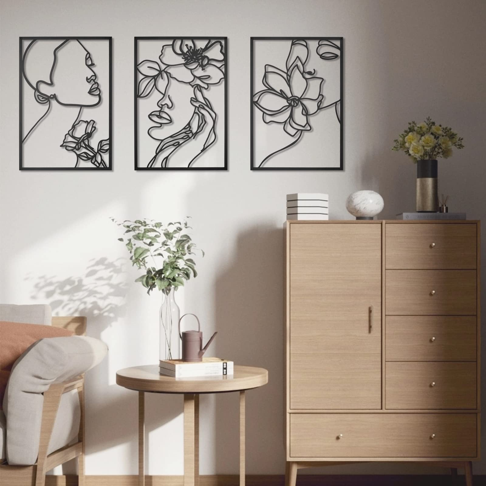 HOTNIU Black Metal Wall Decor 3 Pieces Minimalist Abstract Wall Art Women Face with Flower Line Drawing Wall Sculptures Aesthetic Home Wall Hanging Decor for Bedroom Living Room Bathroom