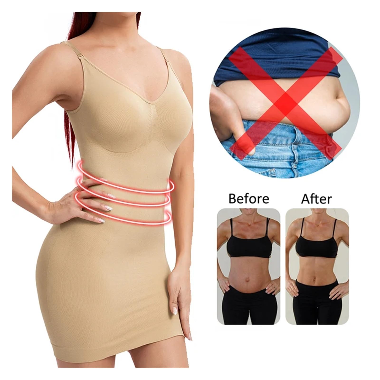 Vestido Moldeador Faja Moldeadora de Cuerpo Completo for Mujer, con Cuello en V, Moldeadora de Cintura, corsé con Control de Abdomen for Debajo de los Vestidos.(Khaki,M)