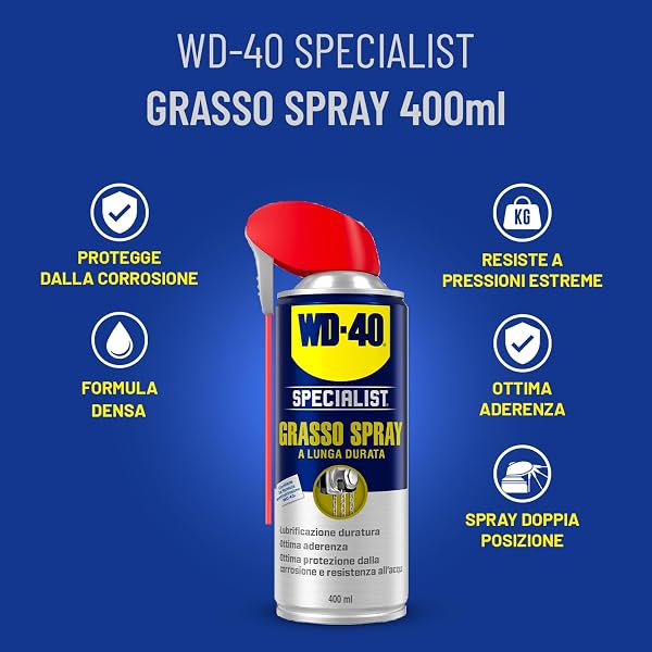 WD-40 - Specialist - Grasso Spray - Lubrificante a lunga durata - Adesione e tenuta ottimali - Elevata resistenza ad acqua, corrosione e temperature (da -20°C a +115°C) - Per tutti i metalli - 400ml - 2